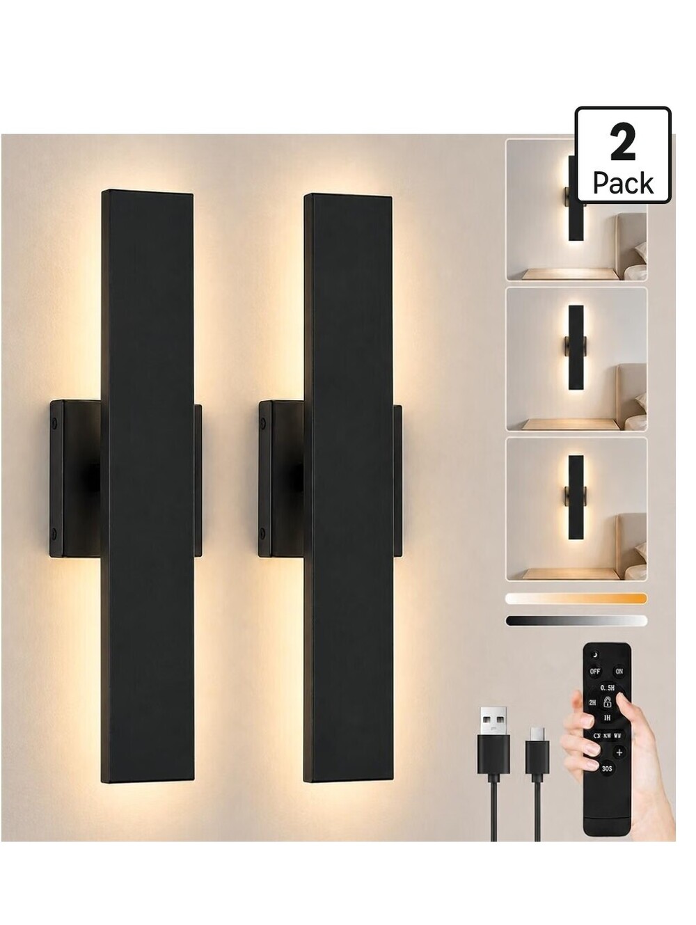 Wireless Rechargeable Wall Sconces Set of 2, Modern Black Wall Lights